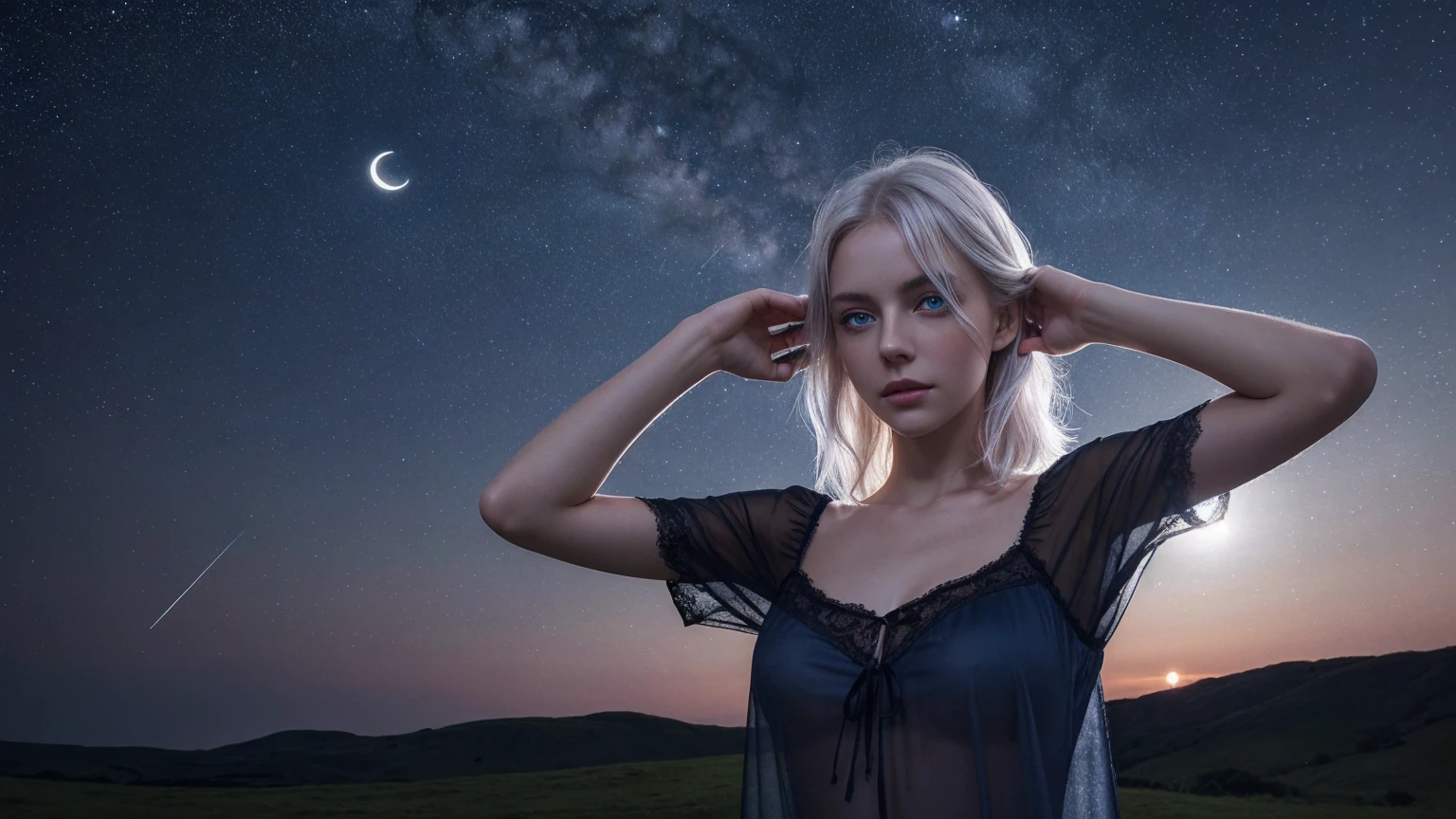 (a beaautiful European girl touching her hair, blue eyes, short black transparent nightgown, skinny, silver blonde hair, pale face), meadow,, (night time: 1.4), (dim moonlight:1.2), dark environment, windy, high quality photo, photo realistic, extremely detailed, highly detailed face, ultra HD, realistic film shader