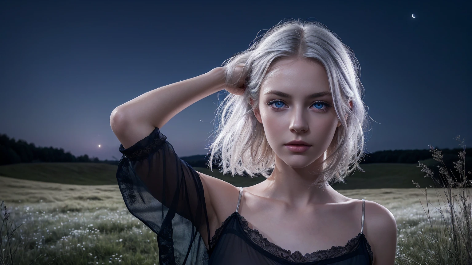 (a beaautiful European girl touching her hair, blue eyes, short black transparent nightgown, skinny, silver blonde hair, pale face), meadow,, (night time: 1.4), (dim moonlight:1.2), dark environment, windy, high quality photo, photo realistic, extremely detailed, highly detailed face, ultra HD, realistic film shader
