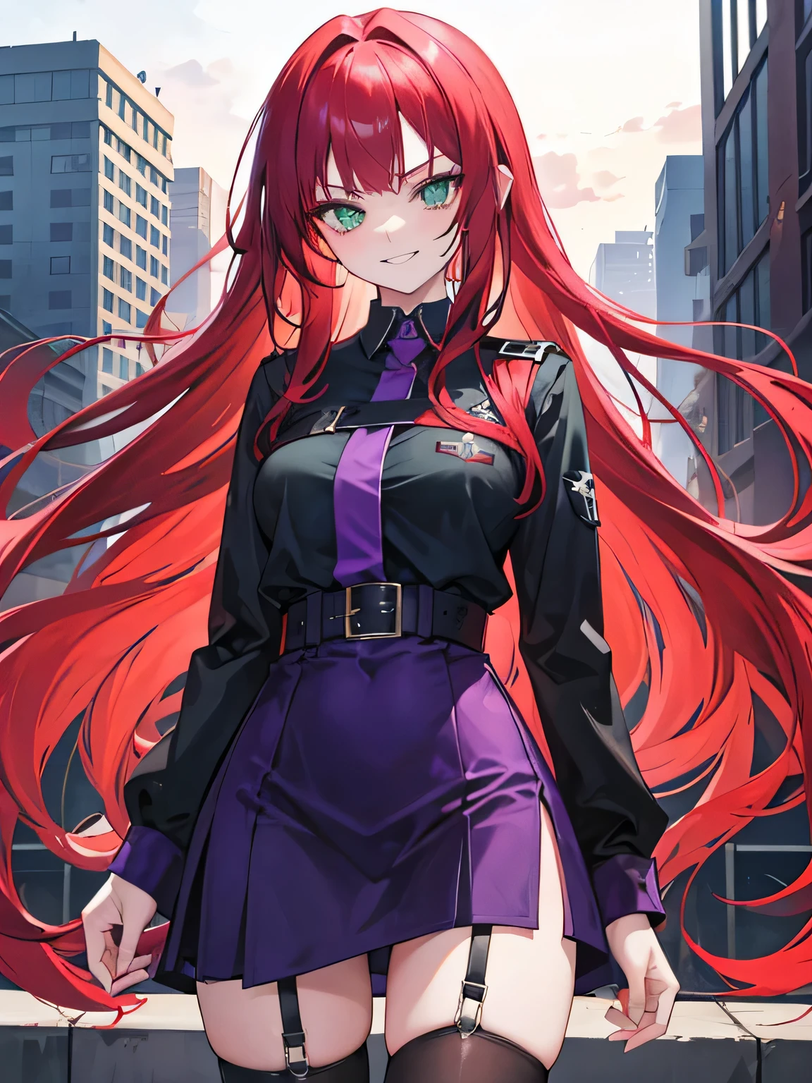 girl, green eyes, long red hair, she hair messy wavy. wear purple black uniform, arogant, independent woman, thug. bad girl. itimidating women. sadistic smile. background in town.