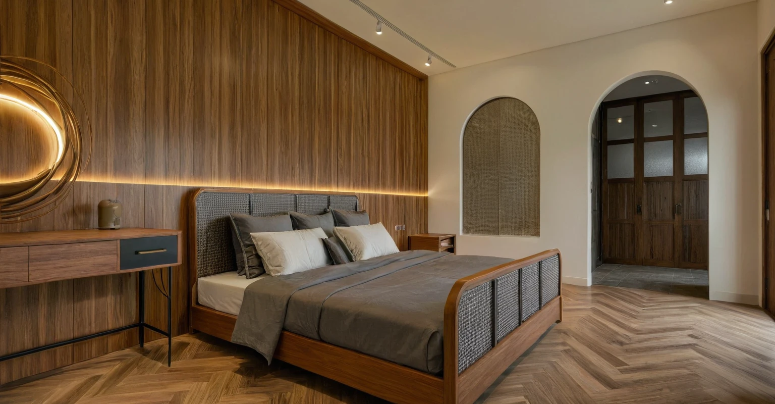 Raw photo, Masterpiece, high quality, best quality, authentic, super detail, interior, indoors,  style Indochine modern, minimalist line, wooden, walnut veneer wood, led light, white paint wall, sofa, daylight, atrium, LIVING ROOM, PEN HOUSE, kitchen, japan style, bedroom, wasabi style, Jen style