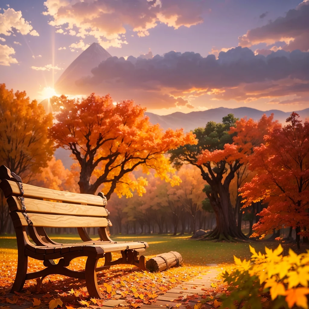 (Highest quality, High resolution), Vibrant colors,Low - Angle,
(古びたwood製のベンチ:1.3),Fascinating and enchanting autumn scenery. Warm earth tones, Soft and natural lighting.Autumn leaves background, Vibrant colorsの葉, The golden leaves gently fall, wood々Warm sunlight shining in from between, Peaceful and calm atmosphere, Soft rays of light illuminating the scene, The sound of rustling leaves, Fresh, cool air, Textured bark, A carpet of fallen leaves on the ground, Quiet and picturesque setting, Natural beauty in full bloom,