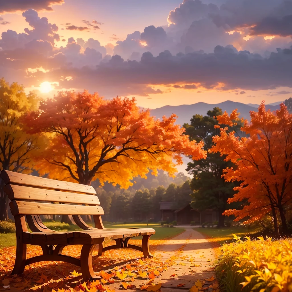 (Highest quality, High resolution), Vibrant colors,Low - Angle,

(古びたwood製のベンチ:1.3),Fascinating and enchanting autumn scenery. Warm earth tones, Soft and natural lighting.Autumn leaves background, Vibrant colorsの葉, The golden leaves gently fall, wood々Warm sunlight shining in from between, Peaceful and calm atmosphere, Soft rays of light illuminating the scene, The sound of rustling leaves, Fresh, cool air, Textured bark, A carpet of fallen leaves on the ground, Quiet and picturesque setting, Natural beauty in full bloom, 