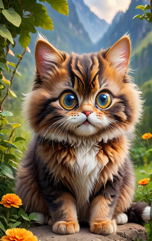 Cute Fluffy cat with big eyes clowerful,clowerful nature background