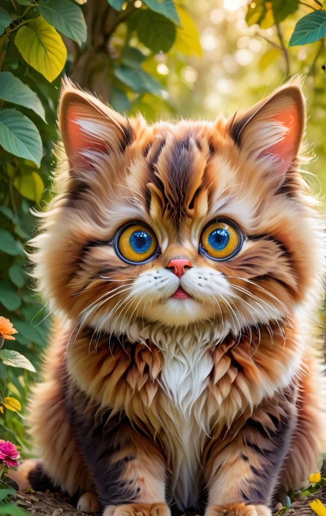 Cute Fluffy cat with big eyes clowerful,clowerful nature background