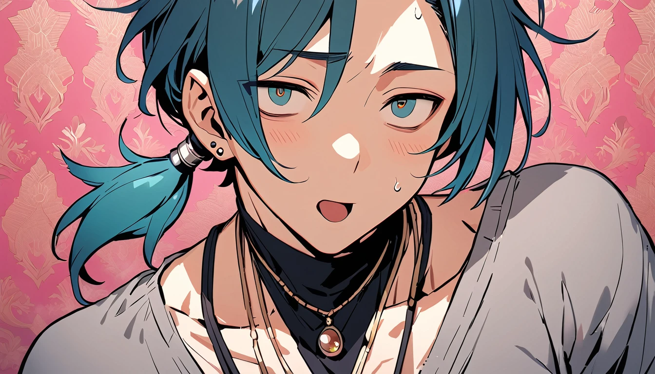 ((((best masterpiece, best quality, wallpaper,)))) solo, guy, male body, small muscles, flat chest, 1male, 30 years old, handsome man, dramatic angle, upper body, looking at viewers, beautiful detailed, tongue out, mediumturquoise hair, ((((Lower short ponytail)))), asymmetrical bangs, ((short hair,)) blush stickers, sweat, ((( jitome, gold eyes, ^o^, tareme, droopy eyes,))) (((perfect face, extremely detailed eyes,))) perfect hands, sharp nose, clear face, black turtleneck, grey cardigan, ((silver piercing, pendant,)) leggings, pink background color ultrasharp, 8K, masterpiece,