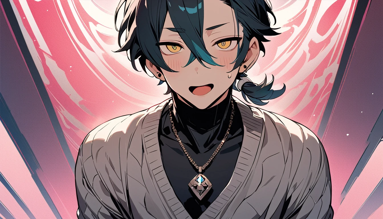 ((((best masterpiece, best quality, wallpaper,)))) solo, guy, male body, small muscles, flat chest, 1male, 30 years old, handsome man, dramatic angle, upper body, looking at viewers, beautiful detailed, tongue out, mediumturquoise hair, ((((Lower short ponytail)))), asymmetrical bangs, ((short hair,)) blush stickers, sweat, ((( jitome, gold eyes, ^o^, tareme, droopy eyes,))) (((perfect face, extremely detailed eyes,))) perfect hands, sharp nose, clear face, black turtleneck, grey cardigan, ((silver piercing, pendant,)) leggings, pink background color ultrasharp, 8K, masterpiece,