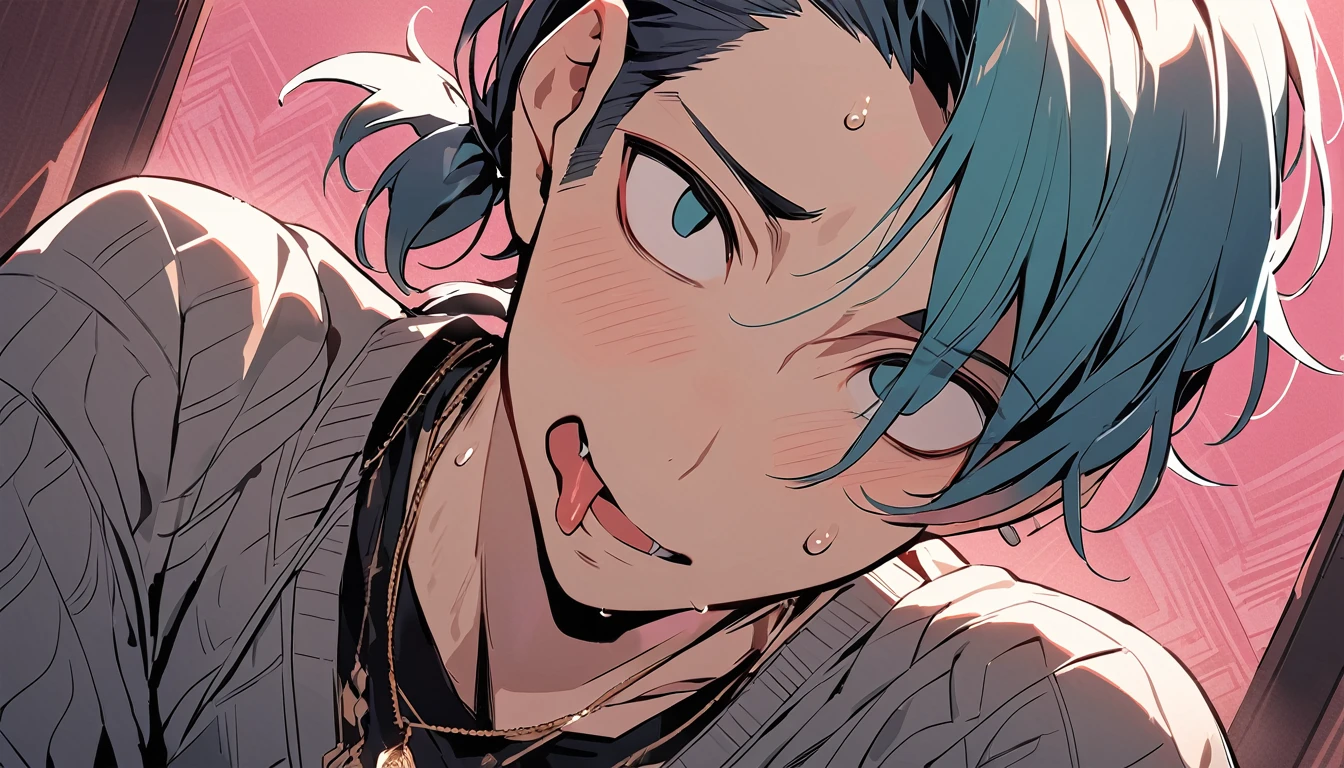((((best masterpiece, best quality, wallpaper,)))) solo, guy, male body, small muscles, flat chest, 1male, 30 years old, handsome man, dramatic angle, upper body, looking at viewers, beautiful detailed, tongue out, mediumturquoise hair, ((((Lower short ponytail)))), asymmetrical bangs, ((short hair,)) blush stickers, sweat, ((( jitome, gold eyes, ^o^, tareme, droopy eyes,))) (((perfect face, extremely detailed eyes,))) perfect hands, sharp nose, clear face, black turtleneck, grey cardigan, ((silver piercing, pendant,)) leggings, pink background color ultrasharp, 8K, masterpiece,