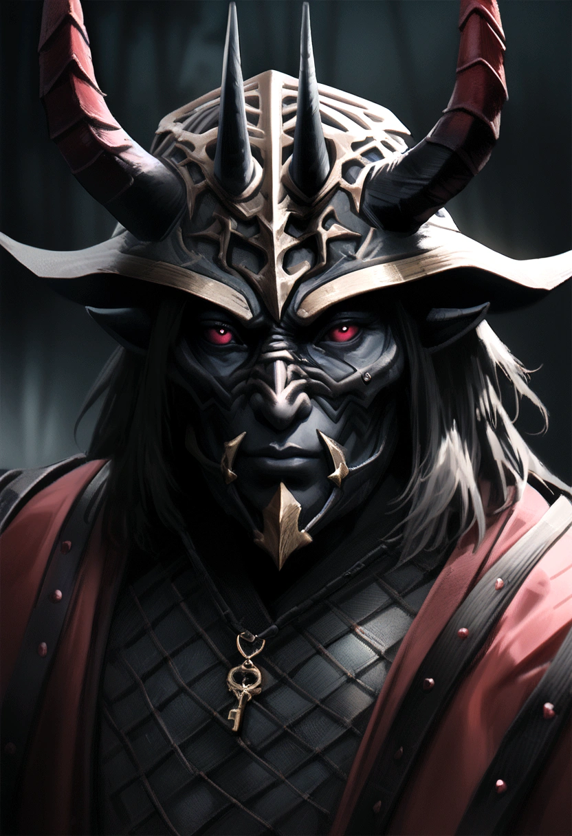 Highest quality、masterpiece、Ultra-high resolution、(Realism:1.4)、Raw photo、Close-up of a person in a costume with horns in the woods, Portrait of the devil, Japanese Samurai Armor, epic fantasy game art, Wearing Diedrick Armor, Demon Horns, Demon Armor, Demon King, Horned God, Portrait of the male god Susanoo、Deep Shadow、Low Key、Cold light 12000K