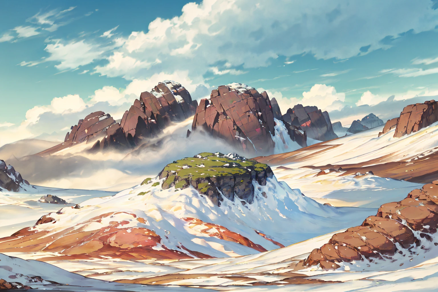 summer, brown rock area, brown rock formation, (illustration : 1.0), Narrative composition, realistic lighting, HD detail, masterpiece, best quality best, (Highly detailed CG integrated 8k wallpaper), wide and flat rocky area, A small, sharp, rough rock at the top of the screen.