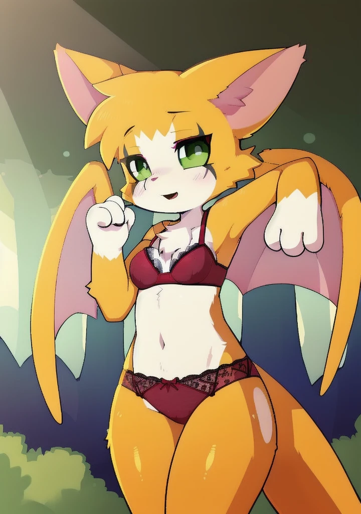 uploaded on e621, (art by Dagasi), (kemono:1.3), (((fidget (elysian tail)))), kid solo, fairy size, green eyes, membranous wings, female toddler, Small, beautiful and detailed green eyes, looking at viewer, flat breasts, (thick thighs ), thin, slender body, thin, slender body, feline appearance, (blush), (4 fingers), beautiful hands, ((detailed background:1.5, depth of field, half body shadow, dark forest, very little lighting, ambient shadows, ambient light on the body)), (intricate:0.7), (high detail:1.3), (soft focus:1.15), (masterpiece, best quality, 4k, 2k, shaded, absurd res), wearing victoria's secrets lingerie, lace bra, lace stockings, garter belt, lace panties,