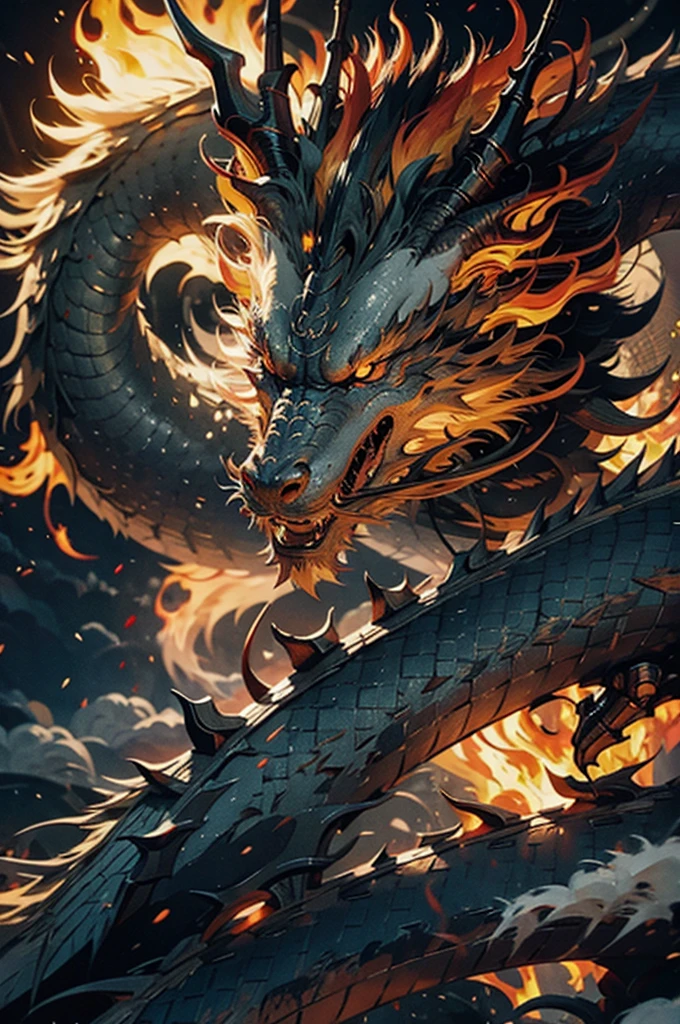 A Japanese-style dragon flying through the sky, raging and spitting fire, with a blazing flame as its backdrop.