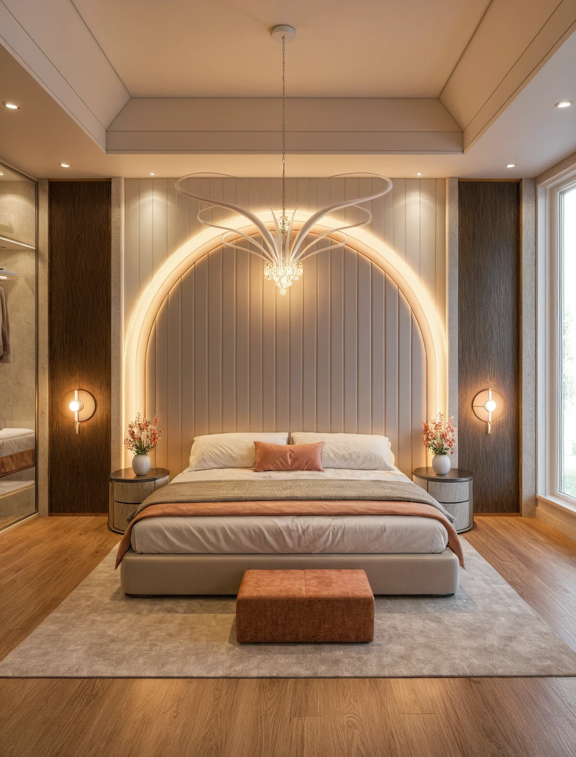 Raw photo,Masterpiece, high quality, best quality, authentic, super detail, interior, ((girl's bedroom)), (style colour block), sunset, day light, bed, carpet, curves, bedside cabinets, wood floor ,wardrobe, led, flower vase, butterfly chandelier , windows, downlight,