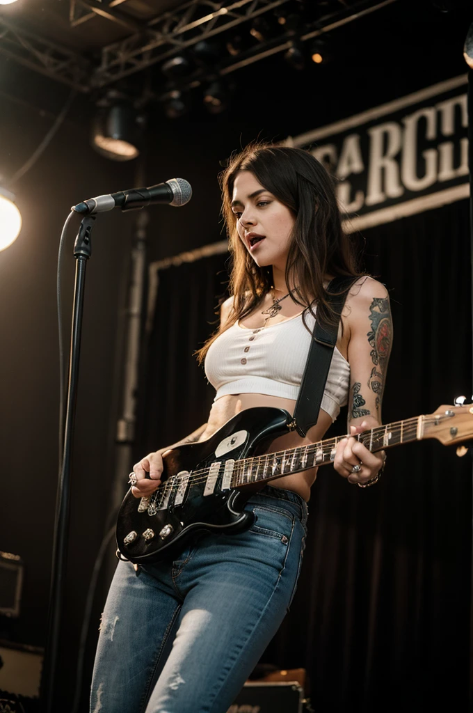 girl grunge, black les paul guitar, 70's, stage, tattoos, jeans, white shirt, singing, fire behind, black and white, shades, flannel shirt, kurt cobain inspired, eddie vedder inspired, big boobs, big ass
