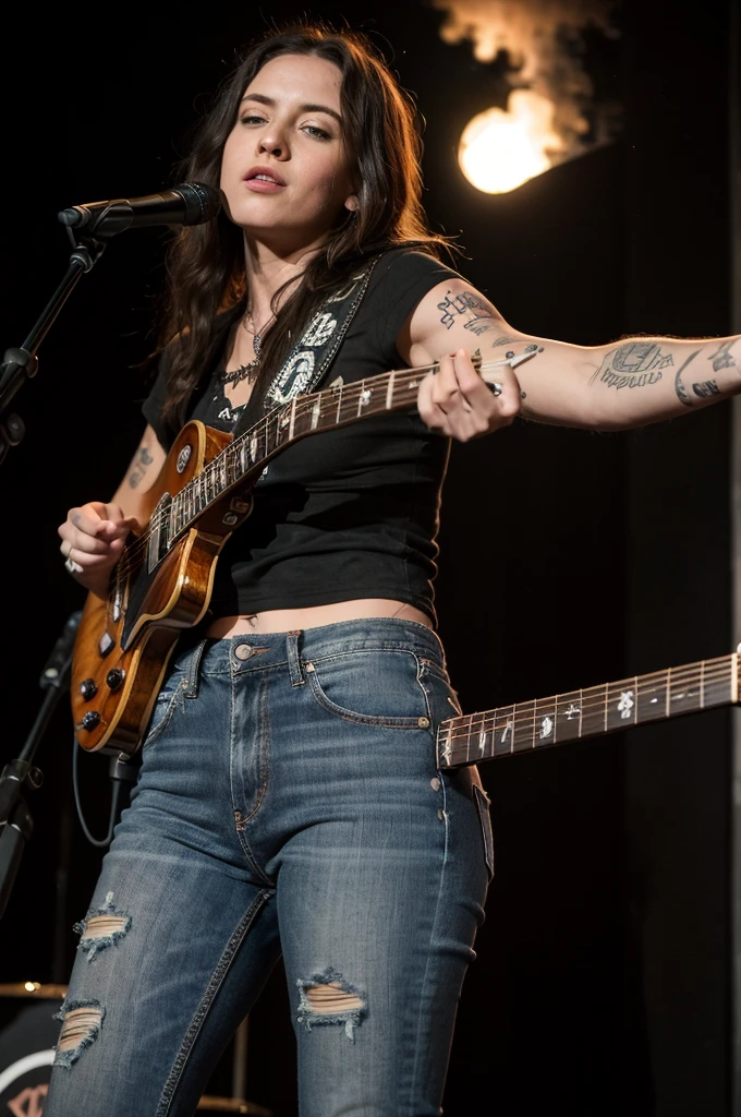 girl grunge, black les paul guitar, 70's, stage, tattoos, jeans, white shirt, singing, fire behind, black and white, shades, flannel shirt, kurt cobain inspired, eddie vedder inspired, big boobs, big ass
