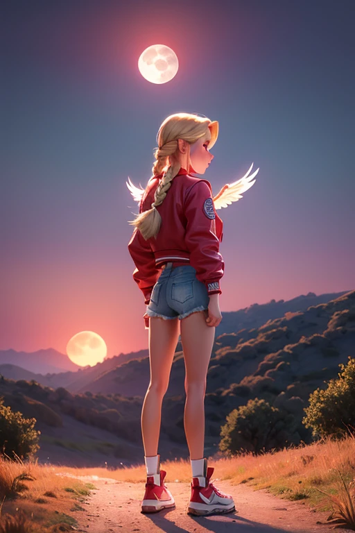 Kizi, white, 20 year. blonde with two long braids, Red cropped jacket with wings drawn on the back, Shorts Jeans e Tenis, in a rural landscape, looking at the full moon in the sky
