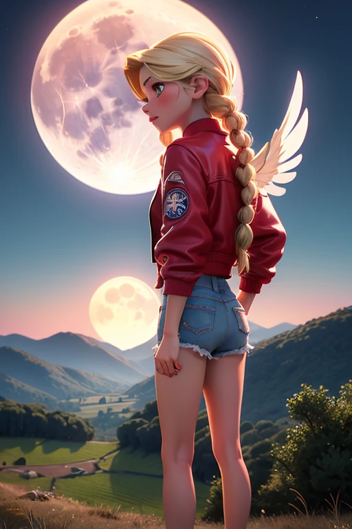Kizi, white, 20 year. blonde with two long braids, Red cropped jacket with wings drawn on the back, Shorts Jeans e Tenis, in a rural landscape, looking at the full moon in the sky