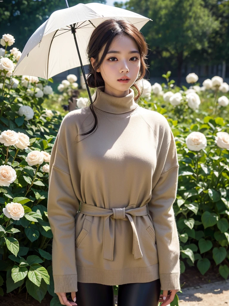 8K RAW Photos, best quality, masterpiece, Ultra-high resolution, Film Grain, , 1 Girl, Looking at the audience, Natural skin texture, Realistic eye and face details,Black mask, (cosmetic),Long khaki trench coat,Pair with a white turtleneck sweater and black leggings,Height 165cm,Weight 50kg,Huge breasts,Beautiful natural location, Position around the flower, (Detailed background),