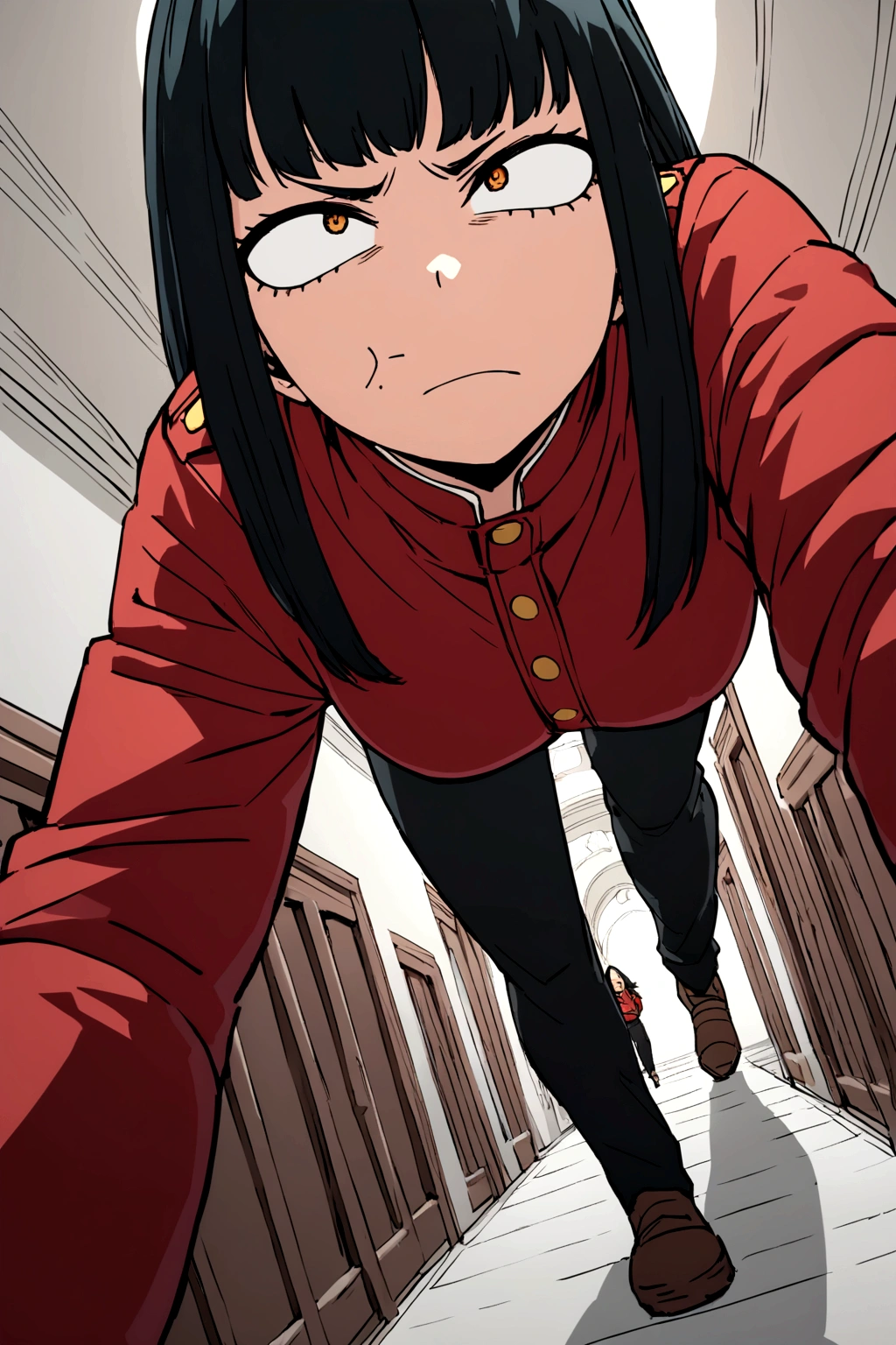 Screenshot of boku no hero academia, beautiful woman, black straight hair, slanted eyes, red and gold eyes, Annoyed expression on the face, black top red jacket big black pants, walked, hallway of a white mansion in the background, looking at the camera from below, counterpointed angle.