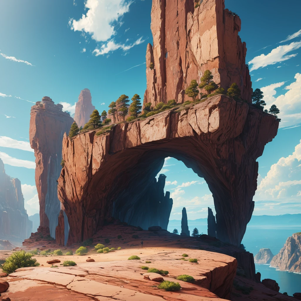 summer, brown rock area, brown rock formation, (illustration : 1.0), Narrative composition, realistic lighting, HD detail, masterpiece, best quality best, (Highly detailed CG integrated 8k wallpaper), wide and flat rocky area, A small, sharp, rough rock at the top of the screen.