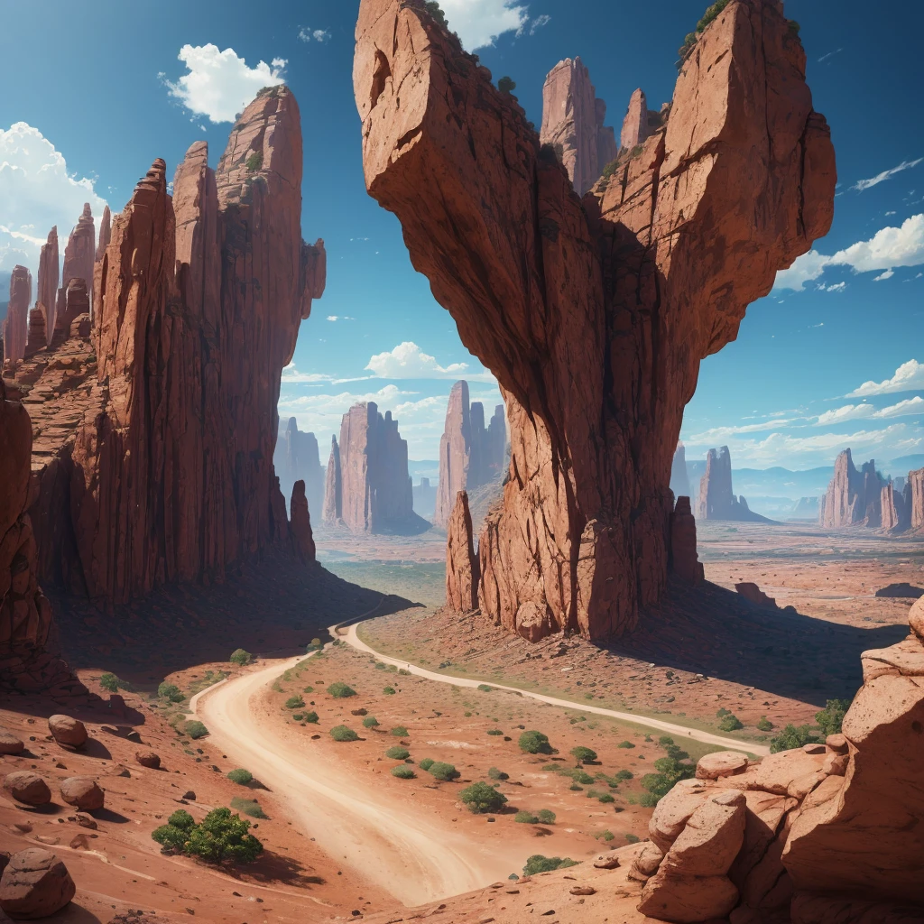 summer, brown rock area, brown rock formation, (illustration : 1.0), Narrative composition, realistic lighting, HD detail, masterpiece, best quality best, (Highly detailed CG integrated 8k wallpaper), wide and flat rocky area, A small, sharp, rough rock at the top of the screen.