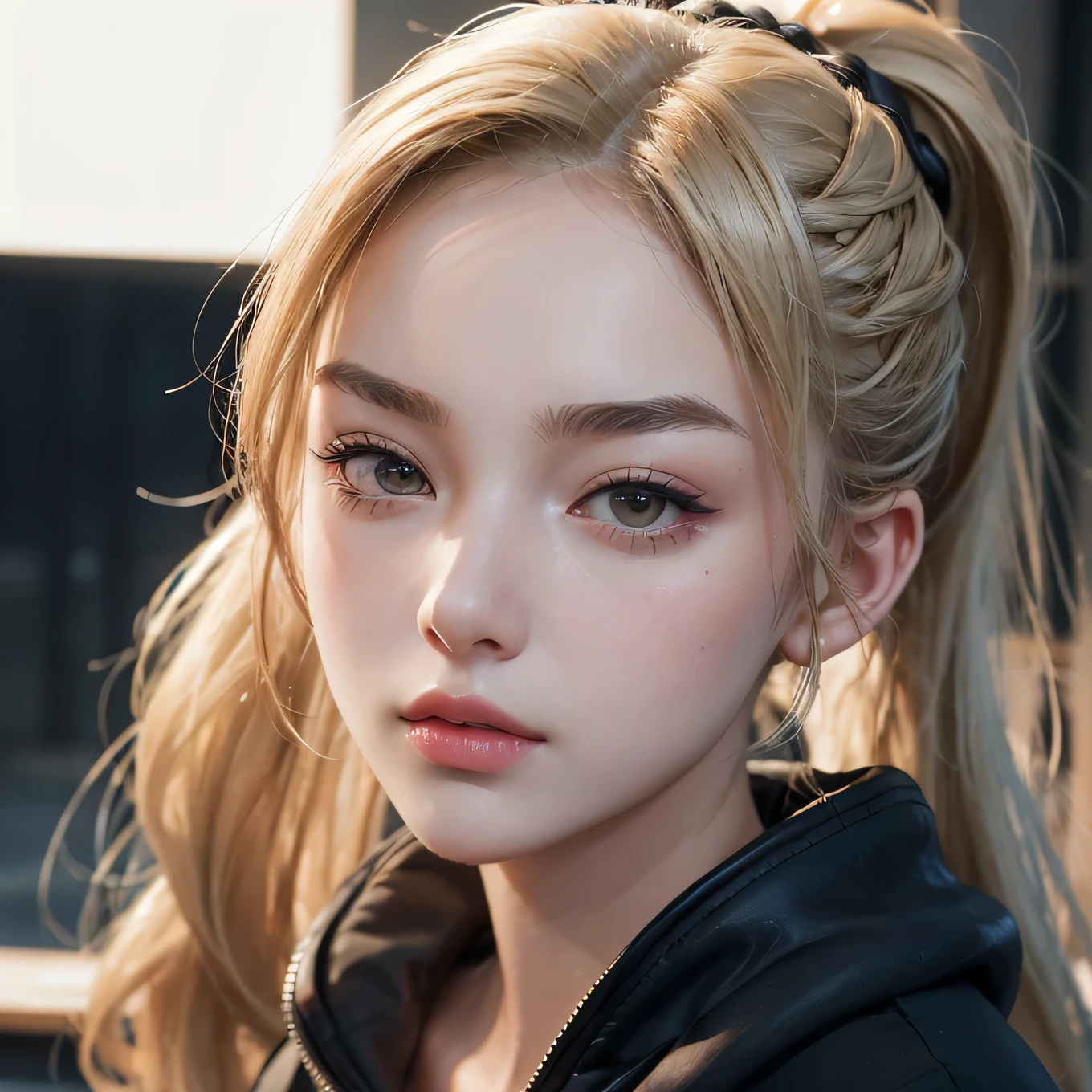 Hyperrealistic 20-year-old woman, sharp nose, looks beautiful and authoritative, fair skin, blonde hair (((ponytail hairstyle )))), and wearing a black hooded jacket. body position facing the camera with hands in ready position, facial details (((sharp nose details, small eyes, natural eyebrows, mouth )))), eyebrows far away from eyes, in a coffee shop. lipgloss, eyelashes, shiny face, shiny skin, best quality, high resolution, depth of field, chromatic aberration, caustic, Wide lighting, natural shadows, High quality photo, UHD, 16K, 1 girl, 3D, dark theme.