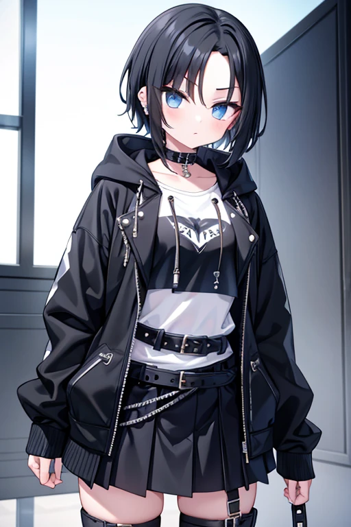 Girl, tomboy, edge lord, goth, short black hair, forehead slightly exposed, light skin, black irises, black eyeliner, ear piercings, spiky accessories, belts, white shirt, black hoodie jacket, blue skirt, belt, boots with belts.