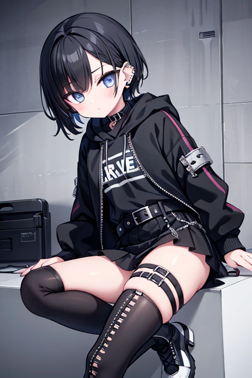 Girl, tomboy, edge lord, goth, short black hair, forehead slightly exposed, light skin, black irises, black eyeliner, ear piercings, spiky accessories, belts, white shirt, black hoodie jacket, blue skirt, belt, boots with belts.