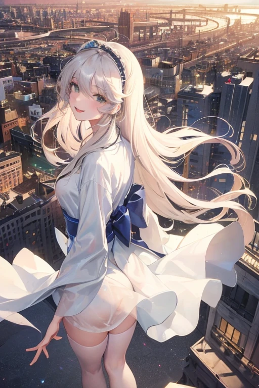 Official Art, masterpiece, Clear focus, (beautiful, Beautiful and cute Korean woman:1.3), (Beautiful and cute Korean:1.3), Korean beauty, 精致beautiful头发、Eyes and face, actual, Super detailed, beautiful女孩, Blue sky, Glowing white particles, (Side Light:1.2), Sunlight, White Cloud, Detailed clouds, Slim, Such a cute big ass, Smile with teeth bared, ((Smile with your eyes, Open your eyes)), landscape, Long straight hair, sexy facial expression, architecture, (city View:1.7), Dynamic Hair, very Long straight hair, Delicate platinum-blonde hair, Green Eyes, Pink skirt, Black socks, Pale skin, Hair accessories, epic landscape,,White high heels,Nice ass,beautiful buttocks,There's nothing under the skirt.,weight loss