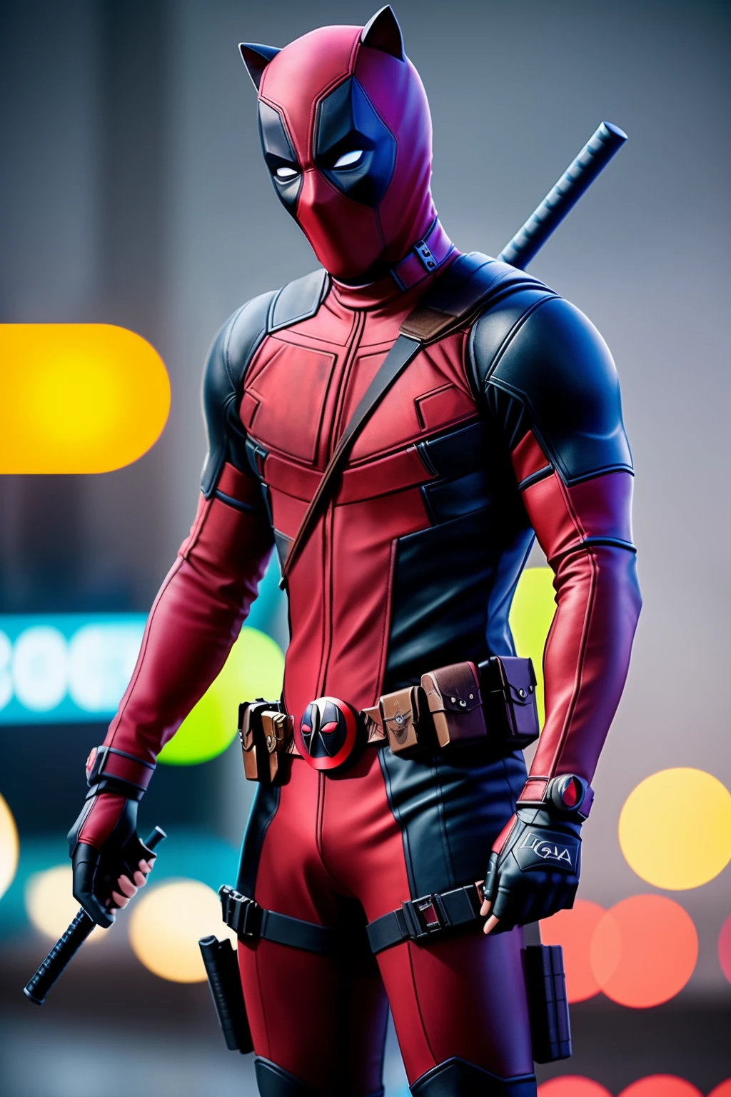 A masterful, high-quality portrayal of a Deadpool-style cat body, meticulously crafted with analog and cinematic elements, boasting a subtle film grain (1.3). The image, shot with a 24mm lens, features a captivating depth of field (Bokeh DOF), showcasing the cat's intricate details in a dramatic, cinematic fashion. The Deadpool-inspired details are accentuated, making this image a true masterpiece (1.3) and a testament to the best quality (1.2) and high-quality standards of its creation.