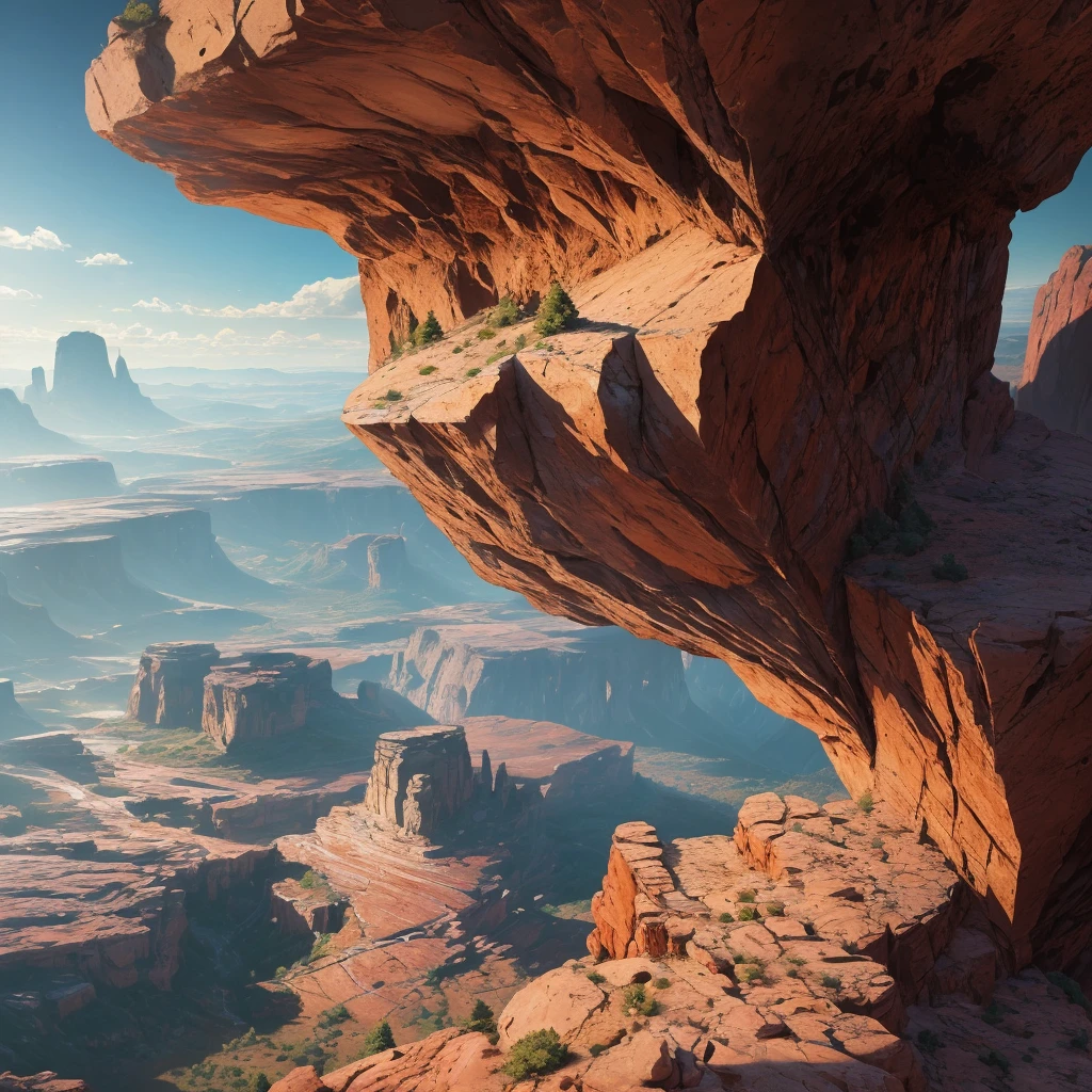 summer, brown rock area, brown rock formation, (illustration : 1.0), Narrative composition, realistic lighting, HD detail, masterpiece, best quality best, (Highly detailed CG integrated 8k wallpaper), wide and flat rocky area, A small, sharp, rough rock at the top of the screen.
