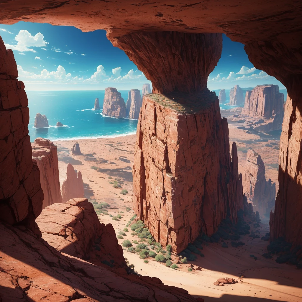 summer, brown rock area, brown rock formation, (illustration : 1.0), Narrative composition, realistic lighting, HD detail, masterpiece, best quality best, (Highly detailed CG integrated 8k wallpaper), wide and flat rocky area, A small, sharp, rough rock at the top of the screen.