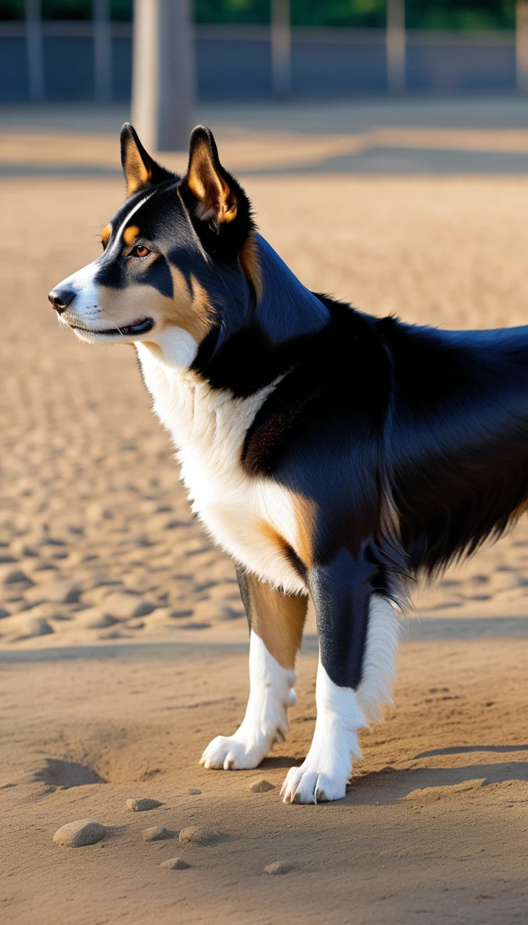 There is no one, realistic photo, photo realism, realism, Kaido(Kai Ken), perfect composition, intricate details, Very sharp, masterpiece, profile, high resolution, looking at the viewer, Full body photo in the dog park