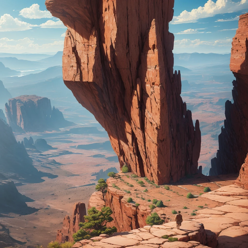 summer, brown rock area, brown rock formation, (illustration : 1.0), Narrative composition, realistic lighting, HD detail, masterpiece, best quality best, (Highly detailed CG integrated 8k wallpaper), wide and flat rocky area, A small, sharp, rough rock at the top of the screen.