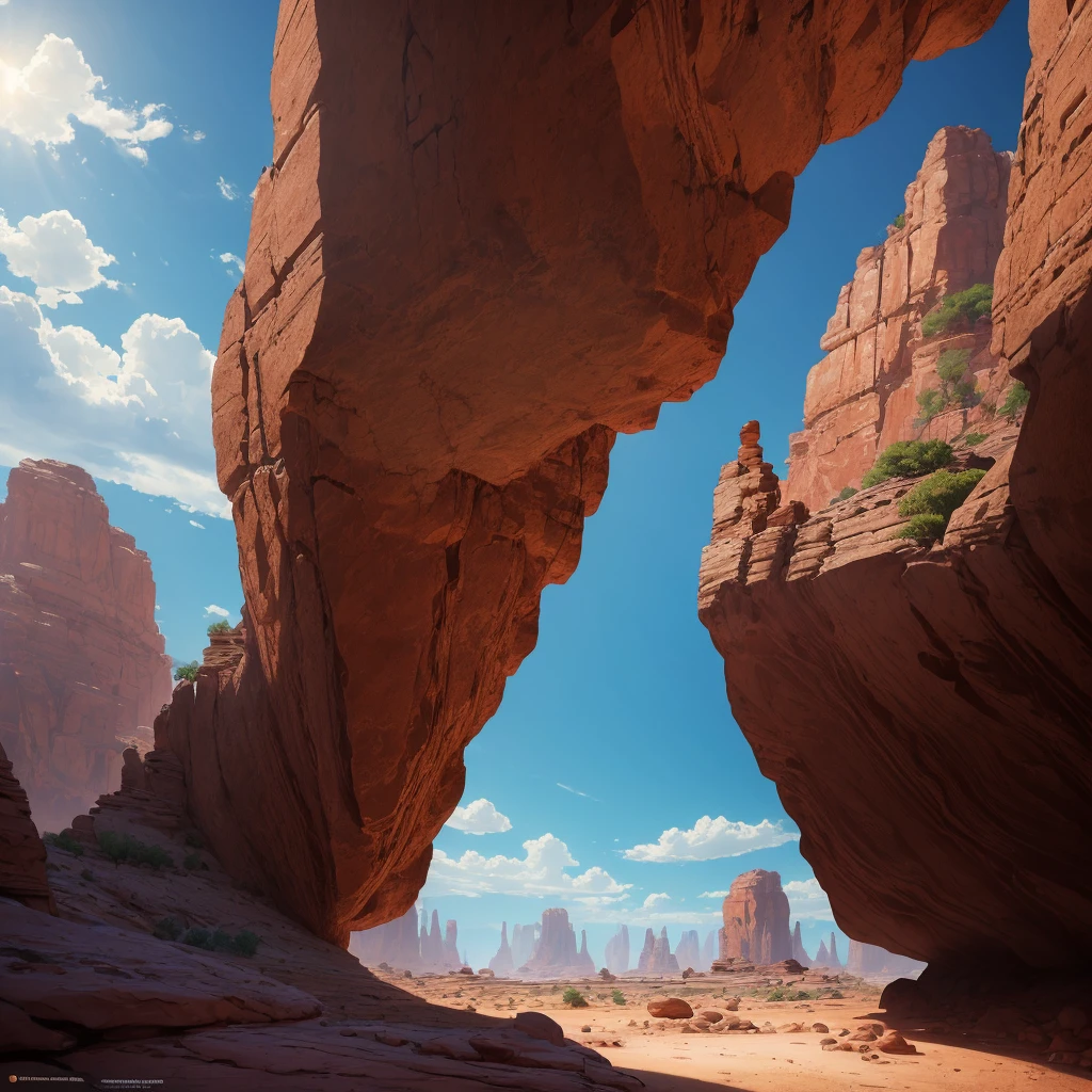 summer, brown rock area, brown rock formation, (illustration : 1.0), Narrative composition, realistic lighting, HD detail, masterpiece, best quality best, (Highly detailed CG integrated 8k wallpaper), wide and flat rocky area, A small, sharp, rough rock at the top of the screen.