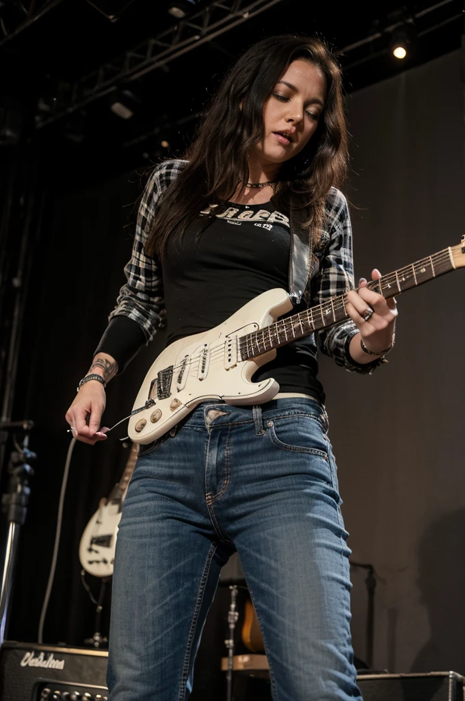 girl grunge, black les paul guitar, 70's, stage, tattoos, jeans, white shirt, singing, fire behind, black and white, shades, flannel shirt, eddie vedder inspired, big , big ass
