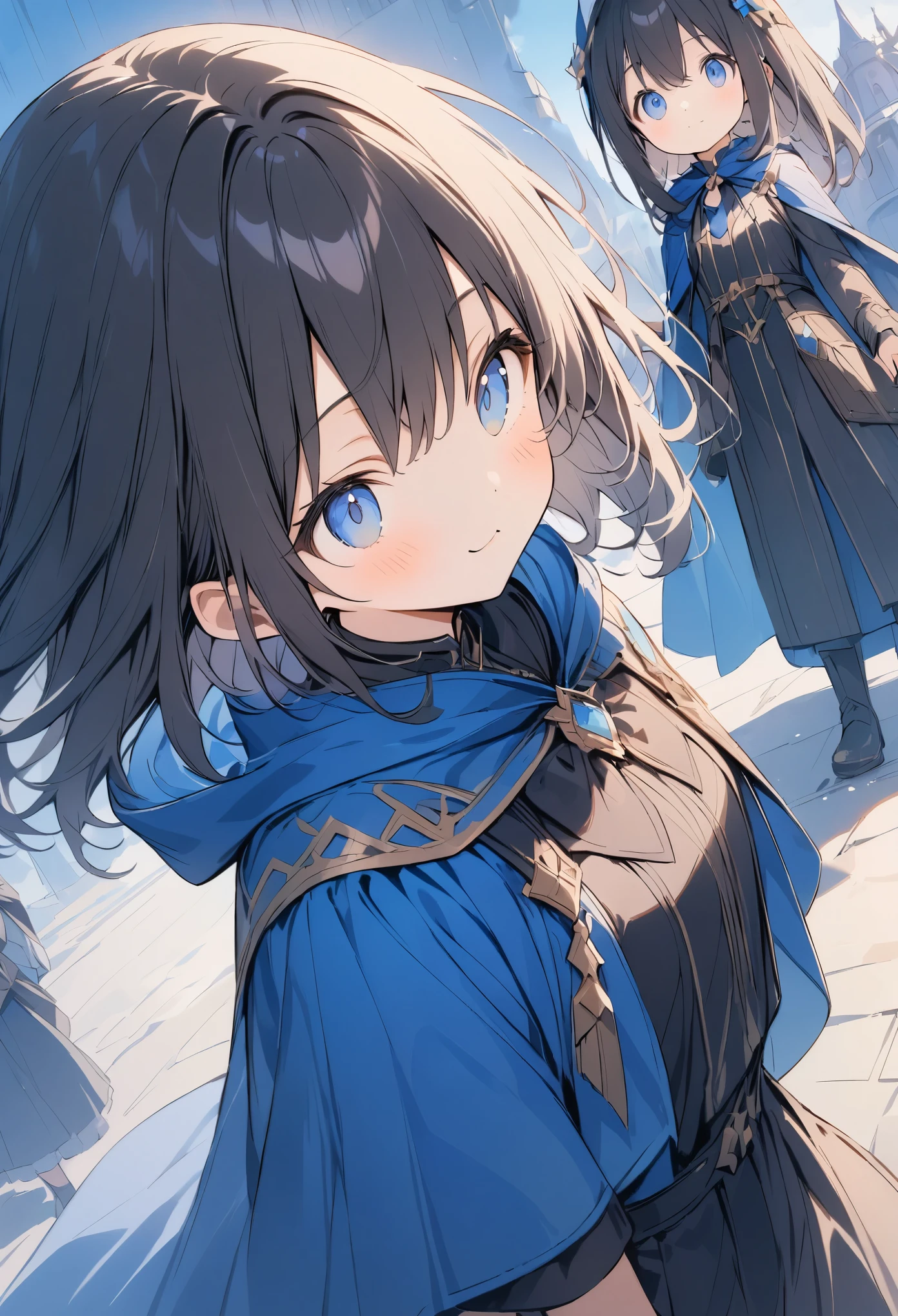 超High resolution, Attention to detail, high quality, High resolution, 最high quality, 4K, 8K, Awards, (artwork)、Clear sky、cute、Black Hair、short、hair ornaments、A work that emphasizes the sky and blue、posters、(Costumes of fantasy world:1.2)、(Blue Cape:1.37),Looking up at the sky,profile(:3:0.9)