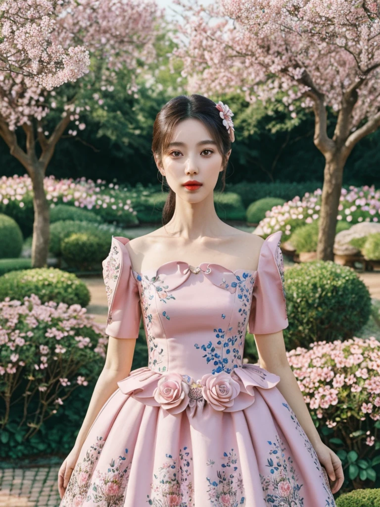 Generate hyper realistic image of an asian woman in a couture garden party dress in pastel hues, the intricate floral patterns matching the vibrant blooms around her. Place her in an enchanting botanical garden, exuding sophistication.((upper body)),1 girl,kimyojung low angle shot,