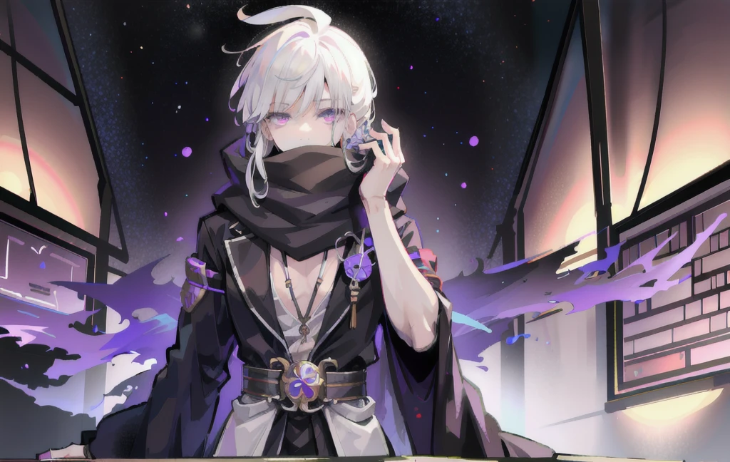 1 person, white hair, handsome, purple eyes, Hand holding a scientific flask, Moderate breath , Black robe, self-cleaning bikini knife, scarf, science laboratory background, medicine stall, Trial bottle, Trial bottleรูปกระโหลกคริสตัลสีแดง, light particles, Magical light, daytime