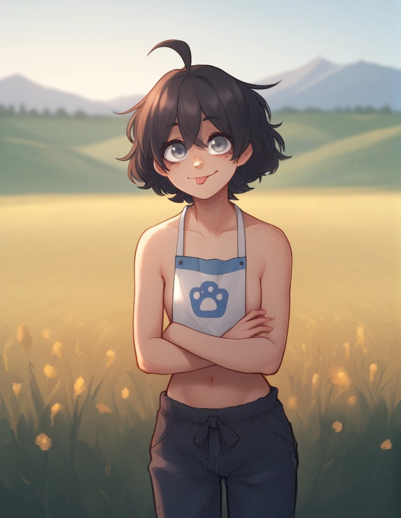 1 girl, alone, ppka, black fur, short hair, messy fur, Ahoge, parts, parts por todo el cuerpo, grey eyes, blind, cute smile looking at the viewer, 
naked, they only wear one pants, Bib pants, farmer&#39;s pant,  straw hat,
Pose linda, nice smile cured the tongue, tender look,
Field, you cultivated skies 