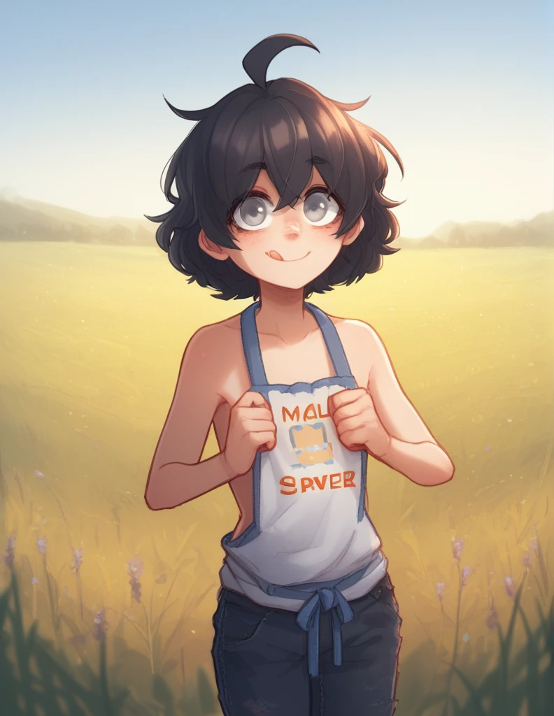 1 girl, alone, ppka, black fur, short hair, messy fur, Ahoge, parts, parts por todo el cuerpo, grey eyes, blind, cute smile looking at the viewer, 
naked, they only wear one pants, Bib pants, farmer&#39;s pant,  straw hat,
Pose linda, nice smile cured the tongue, tender look,
Field, you cultivated skies 