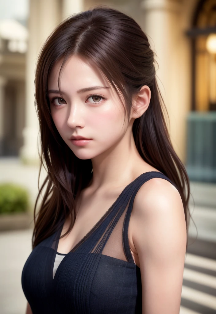 8K, of the highest quality, masutepiece:1.2), (Realistic, Photorealsitic:1.37), of the highest quality, masutepiece, Beautiful young woman, Pensive expression, Thoughtful look, Elegantly dressed, Hair tied back, Messy mood, Cinematic background, Tired, Light skin tone