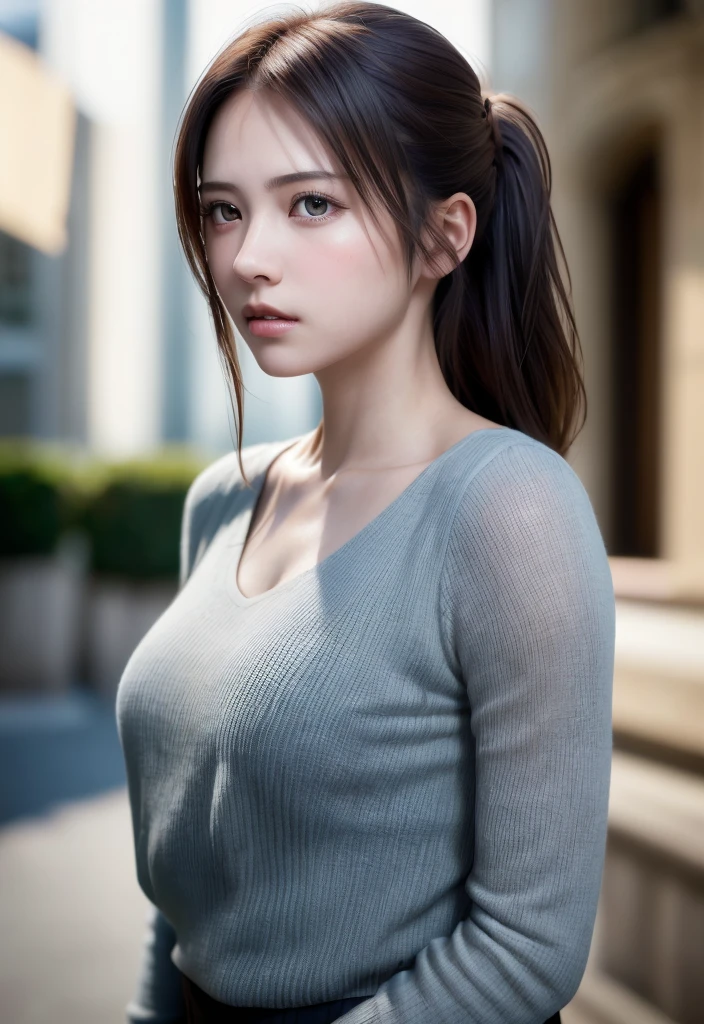 8K, of the highest quality, masutepiece:1.2), (Realistic, Photorealsitic:1.37), of the highest quality, masutepiece, Beautiful young woman, Pensive expression, Thoughtful look, Elegantly dressed, Hair tied back, Messy mood, Cinematic background, Tired, Light skin tone