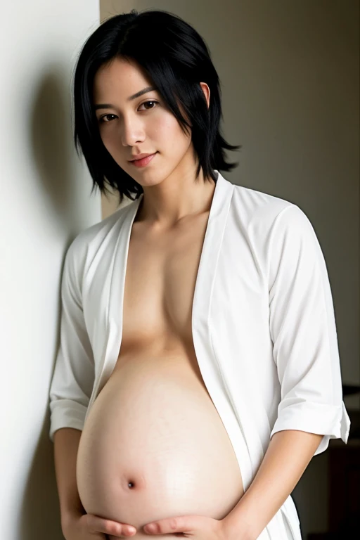 ((Best Quality)), ((Masterpiece)), ((androgynous)), (detailed), 1 Sasuke Uchiha happy and pregnant, with a gaze of pure love