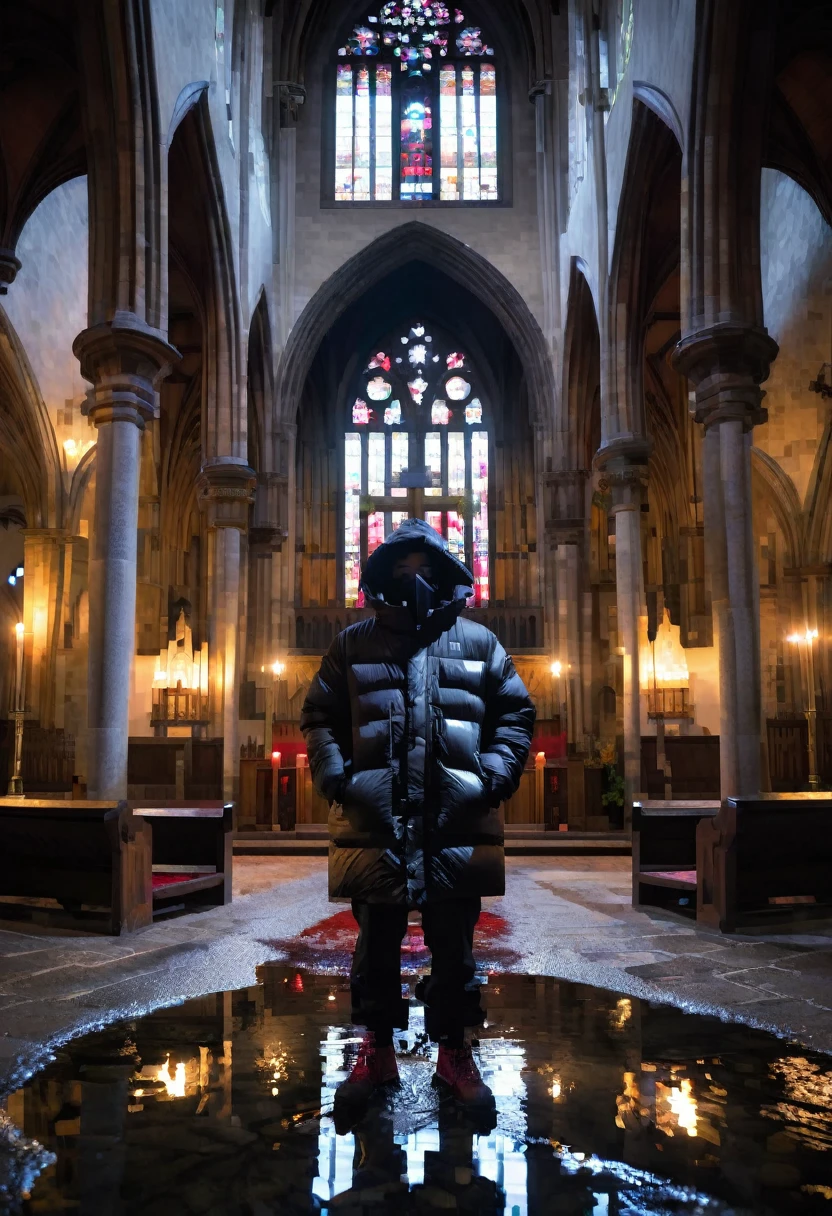 fisheye lens, puffer jacket ski baggy pants mask man standing inside a gothic church, wet stone, puddles, infinite vaults, bloodborne, dramatic light, low key, candle light
