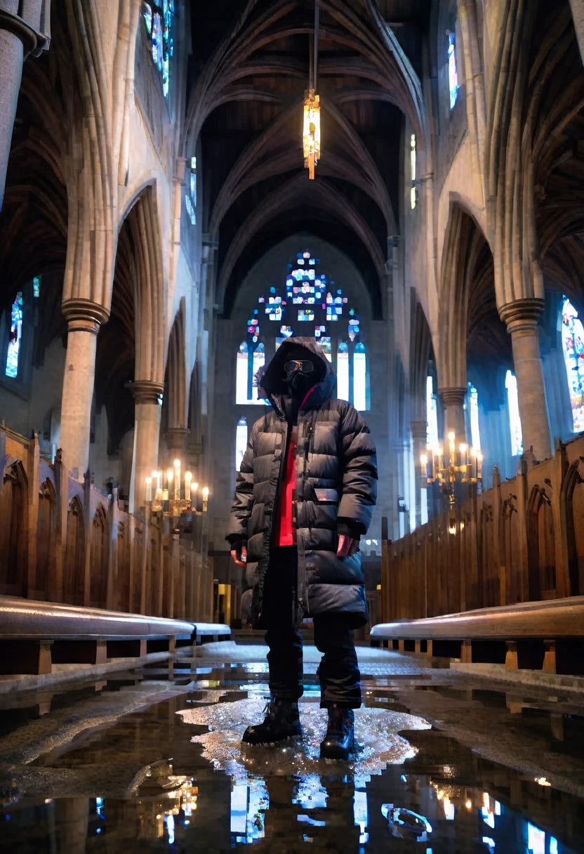 fisheye lens, puffer jacket ski baggy pants mask man standing inside a gothic church, wet stone, puddles, infinite vaults, bloodborne, dramatic light, low key, candle light

