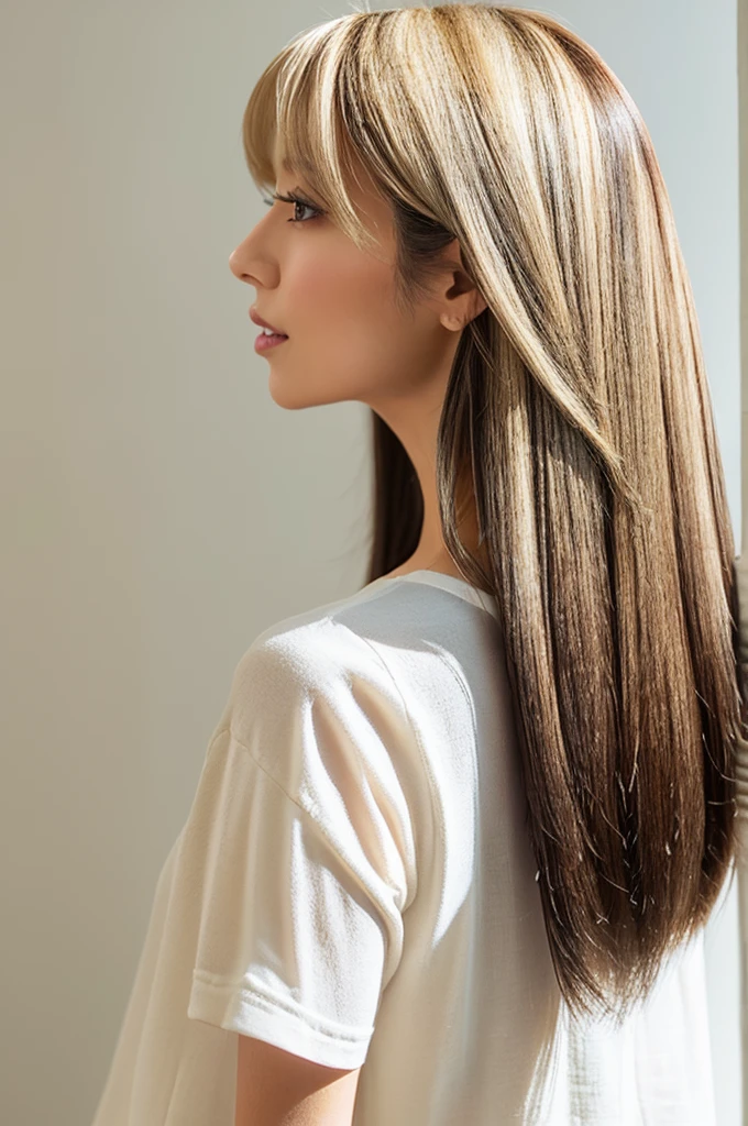 Stylish white short sleeve top、35-year-old Japanese woman、Silky Hair、30-year-old woman(Hair color is beige、Detailed Hair:1.4)、White wall、profile、Don'Don'Don't look at the camera、In front of the white door、(窓のあるWhite wallの部屋)、Dark pink hair color、Dark pink hair、((Highest quality、8K、masterpiece:1.3))、Ultra-high resolution、(photoGenuineistic:1.4)、RAW Photos、Japanese,(detailed aspects)、Genuine、Photographed in natural light、Highly detailed face and skin texture、Bobカット、Bob、short hair、Highly detailed lips、The correct state of the human body、Medium Hair、Natural color lip、Shiny Hair