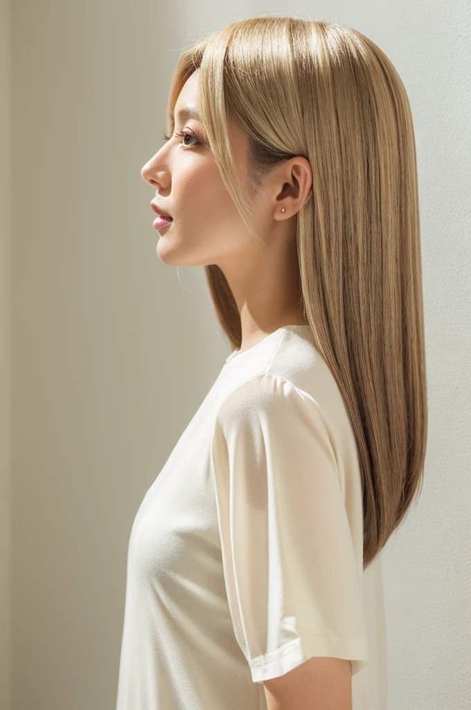 Stylish white short sleeve top、35-year-old Japanese woman、Silky Hair、30-year-old woman(Hair color is beige、Detailed Hair:1.4)、White wall、profile、Don'Don'Don't look at the camera、In front of the white door、(窓のあるWhite wallの部屋)、Dark pink hair color、Dark pink hair、((Highest quality、8K、masterpiece:1.3))、Ultra-high resolution、(photoGenuineistic:1.4)、RAW Photos、Japanese,(detailed aspects)、Genuine、Photographed in natural light、Highly detailed face and skin texture、Bobカット、Bob、short hair、Highly detailed lips、The correct state of the human body、Medium Hair、Natural color lip、Shiny Hair