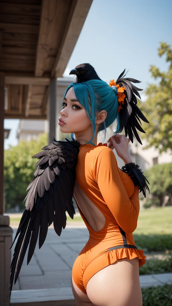 girl, Vibrant Colors, Master Piece, (Best Quality: 1.3), 8k Quality, (absurdres absolutely resolution),texture,(Extremely Detailed Illustration), (Super Fine Illustration), an Extremely Delicate and Beautiful, Ultra High Resolution, Fantasy, (super detailed), official art, production art, HDR, cute face, kawaii, (((1 girl))), (large crow wings on back:1.4), (blow kiss:1.4), light blue hair, long hair, small face, orange eyes, large breasts, hair with orange flower, (orange and black clothes, two tone one piece of frill:1.4),