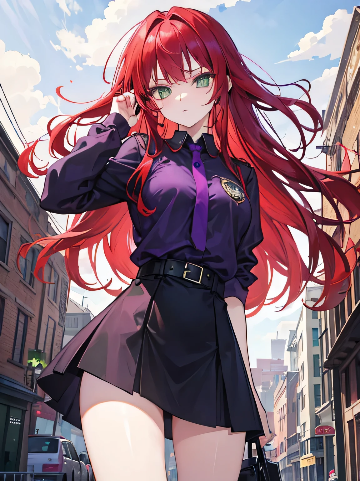 girl, green eyes, long red hair, she hair messy wavy. wear purple black uniform, arogant, independent woman, thug. bad girl. background in town.
