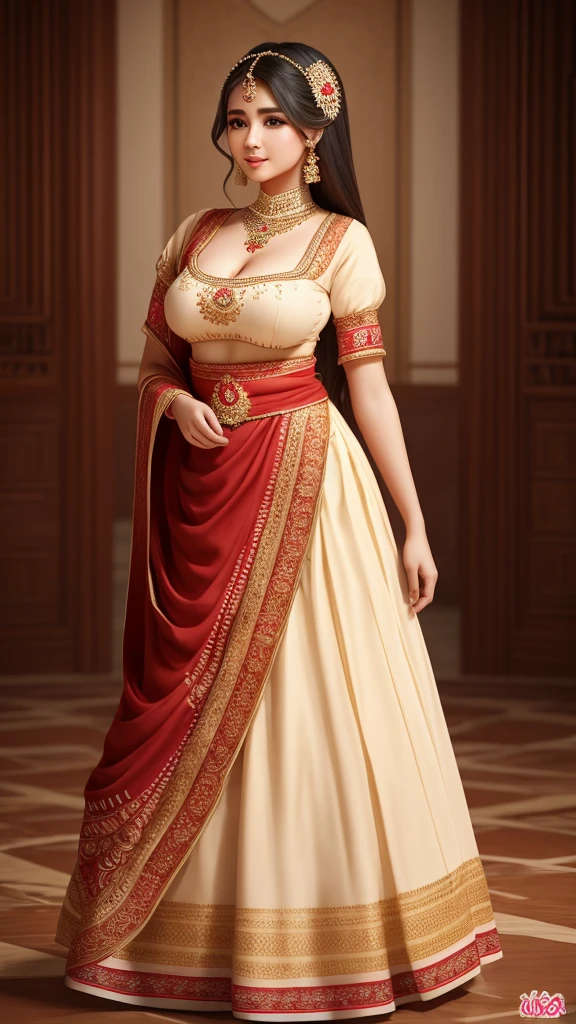 a beautiful girl, 24 year old,wearing traditional dress,dream girl image,big breast,elegant pose,full body image,realistic,8k resolution